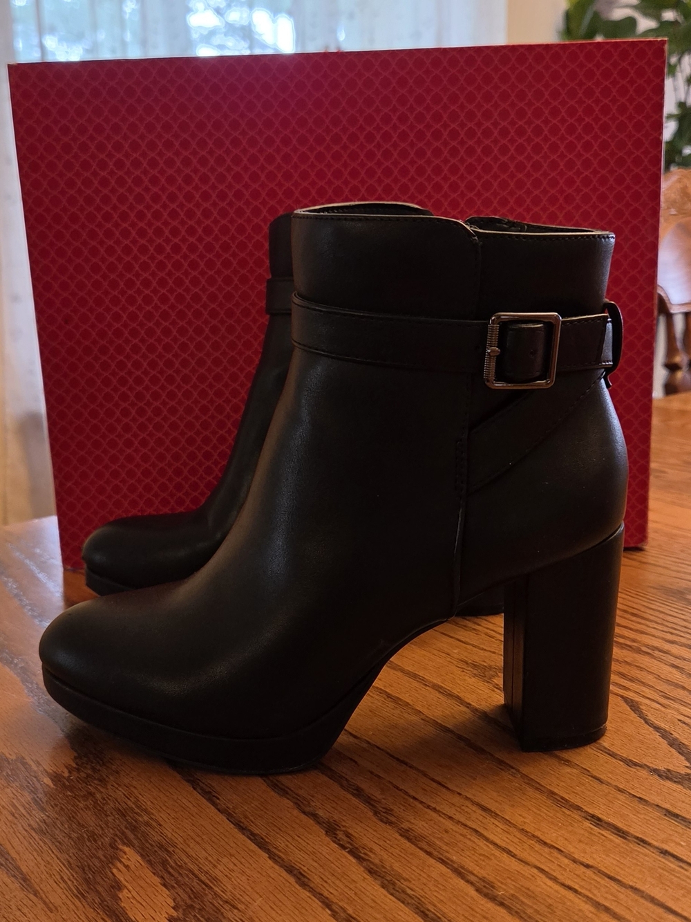 Kelly & Katie Black Chunky Heel Ankle Boots with Buckle Accent
